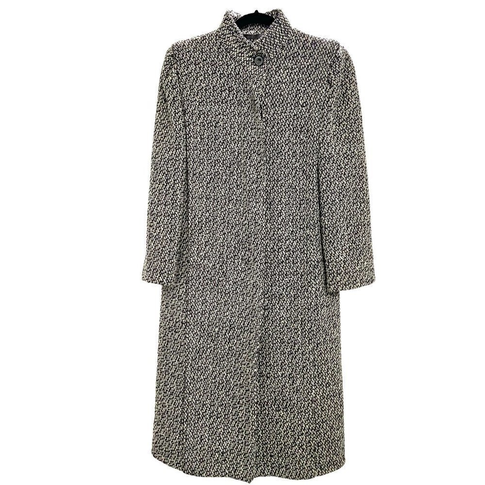 Vintage Tweed Wool Trench Coat Black White Ivory High Collar, Fits S
